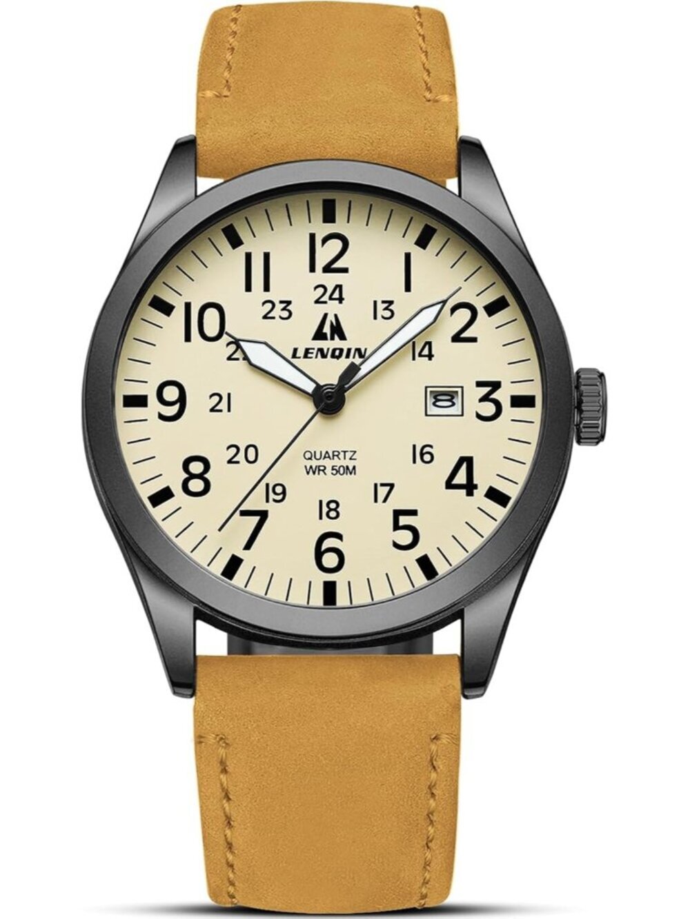 LN LENQIN Men Yellow Military Analog Quartz Waterproof Wrist Leather Band Watch
